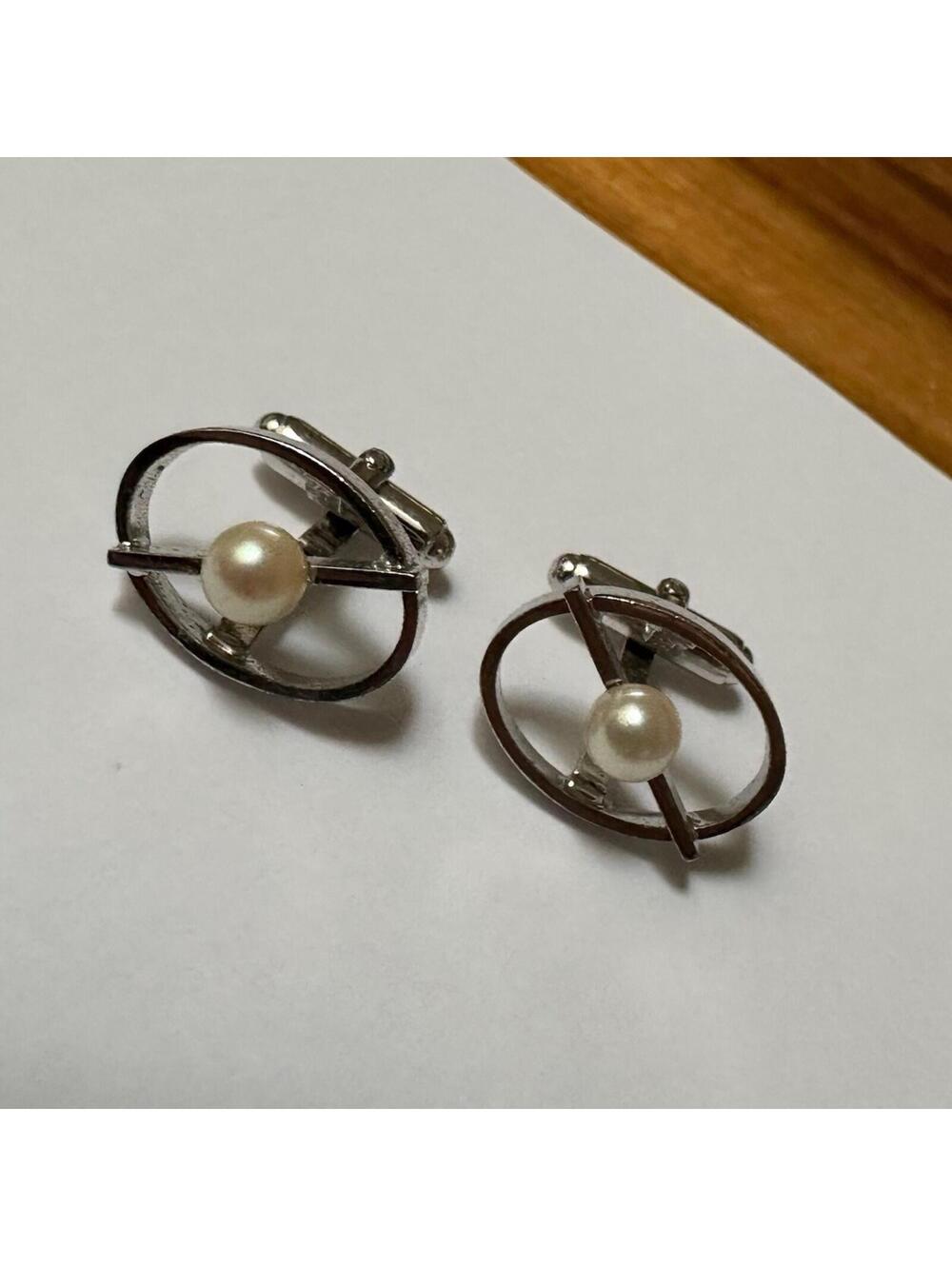 Signed Anson Men’s Jewelry Cufflinks Silver Tone Faux Pearl